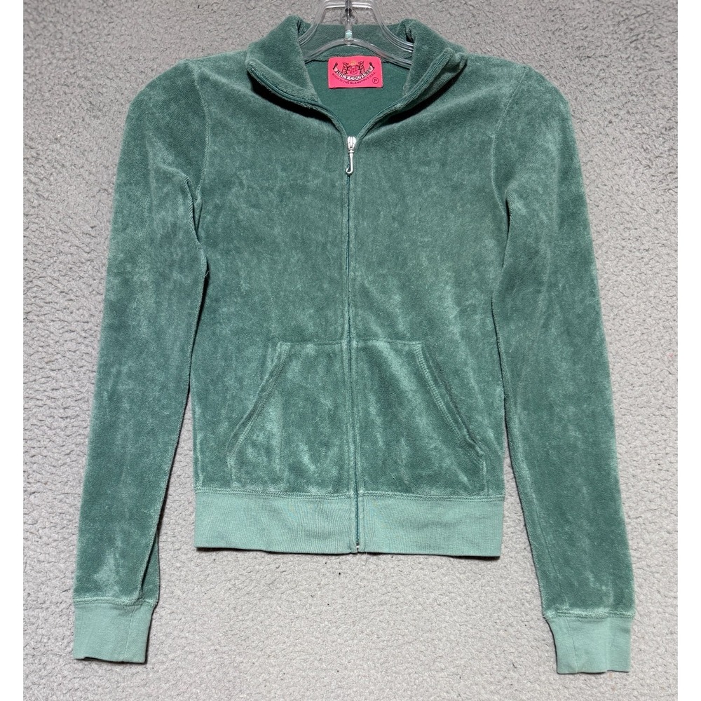 Vintage Y2K Juicy Couture Velour Zip Up Hoodie Green Size Petite Small USA Made